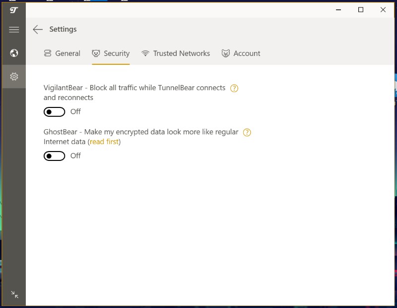 TunnelBear VPN app settings security