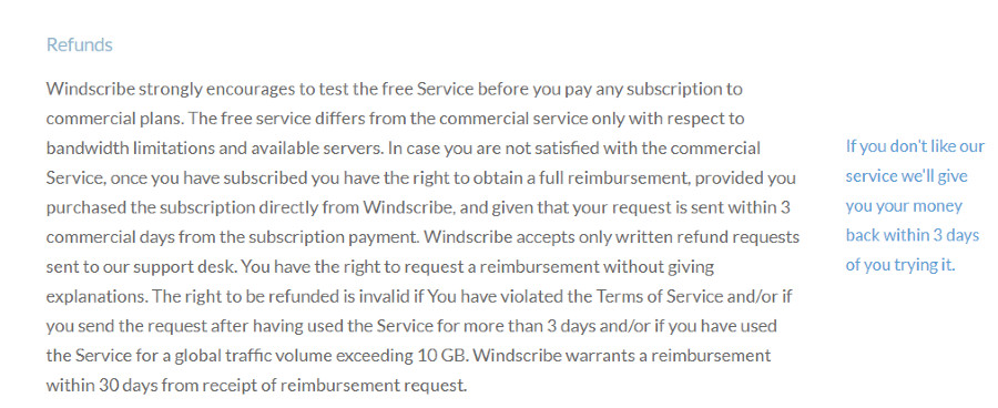 Windscribe refunds